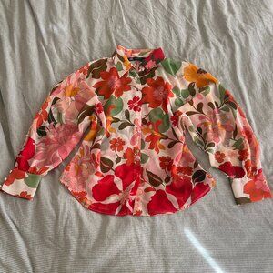 Zara Red/Pink Floral Blouse Sheer Chiffon